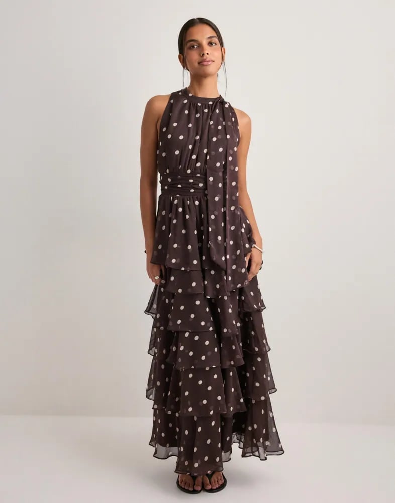 Dark brown chiffon polka dot maxi dress with tiered skirt Dark brown chiffon polka dot maxi dress with tiered skirt — Polka Dot Dresses