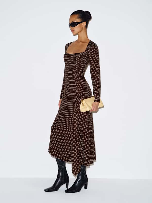 Brown jersey midi dress with asymmetrical hem Brown jersey midi dress with asymmetrical hem — Polka Dot Dresses