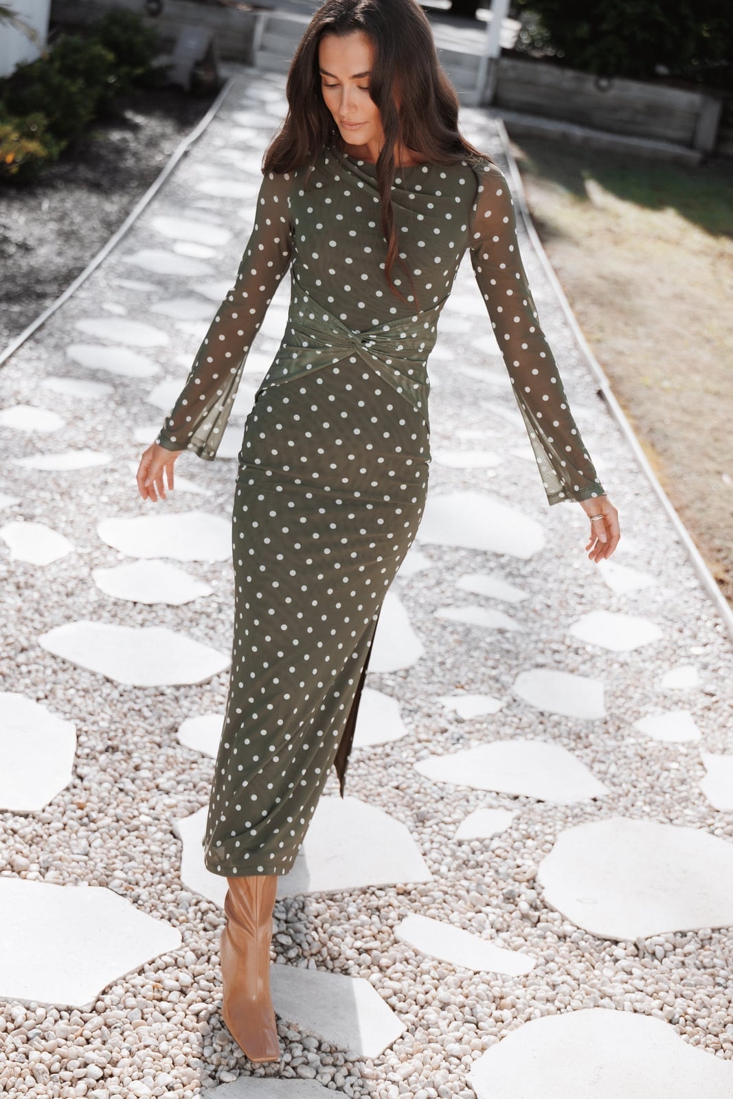 Olive green sheer long sleeve dress with ruched bodice Olive green sheer long sleeve dress with ruched bodice — Polka Dot Dresses
