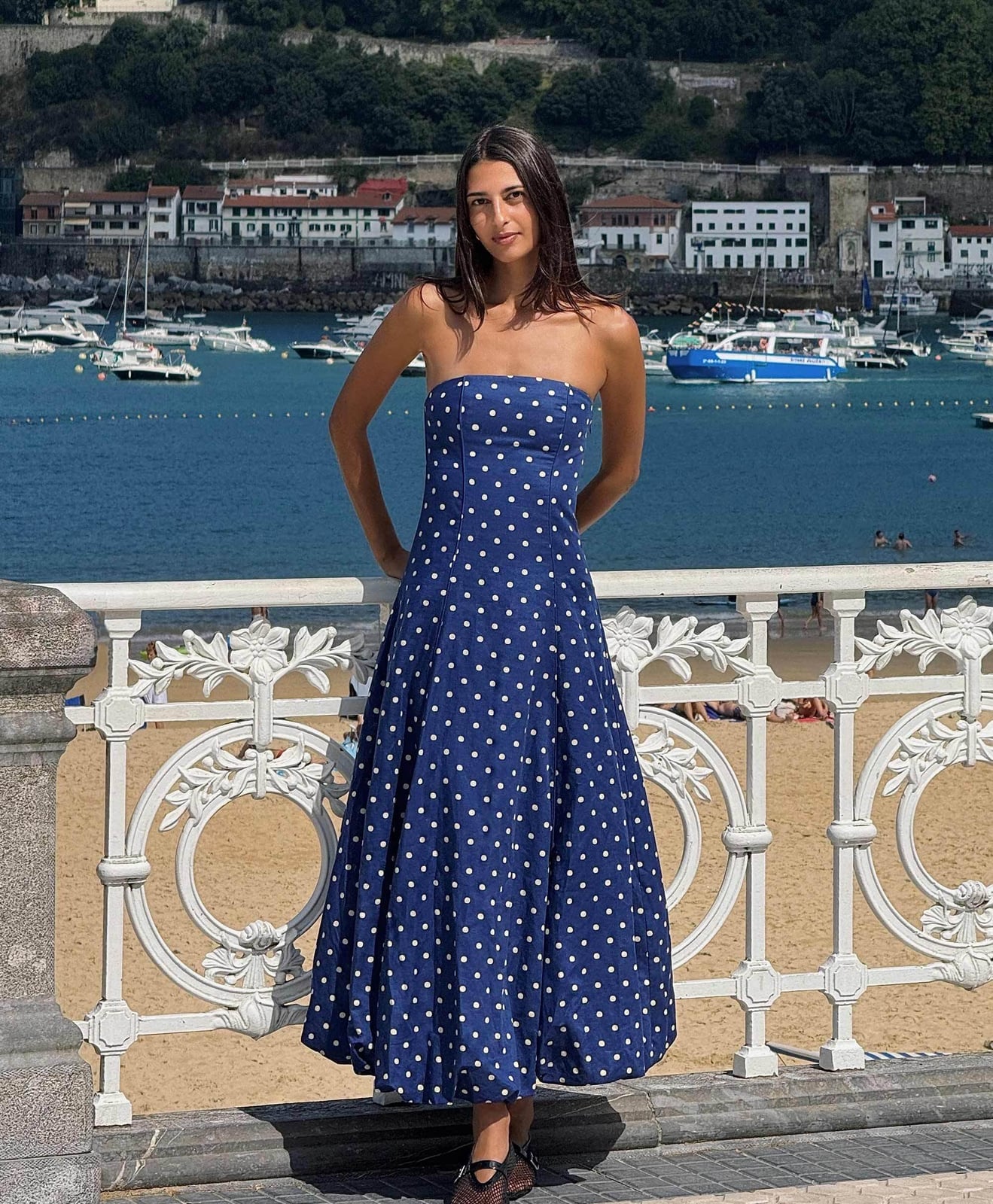 Blue strapless midi dress with A-line silhouette Blue strapless midi dress with A-line silhouette — Polka Dot Dresses