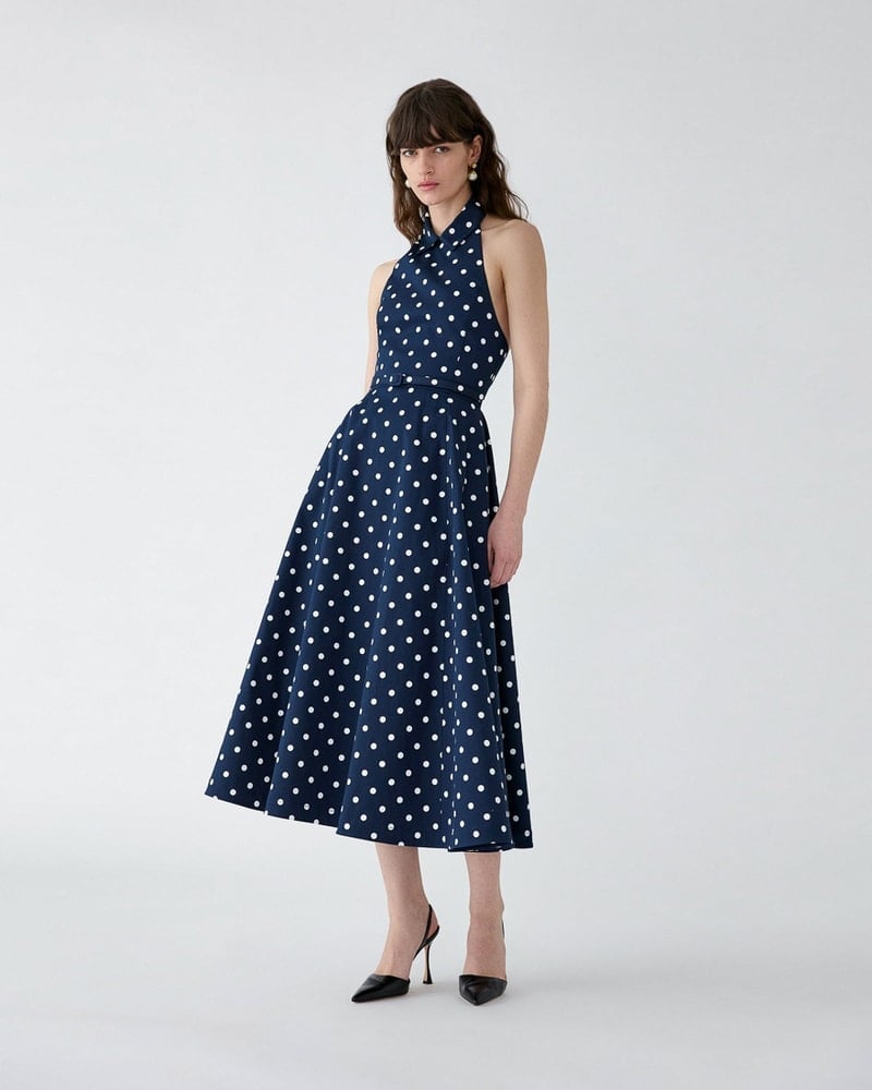 Navy crepe midi dress with fit-and-flare silhouette, Earrings Navy crepe midi dress with fit-and-flare silhouette, Earrings — Polka Dot Dresses