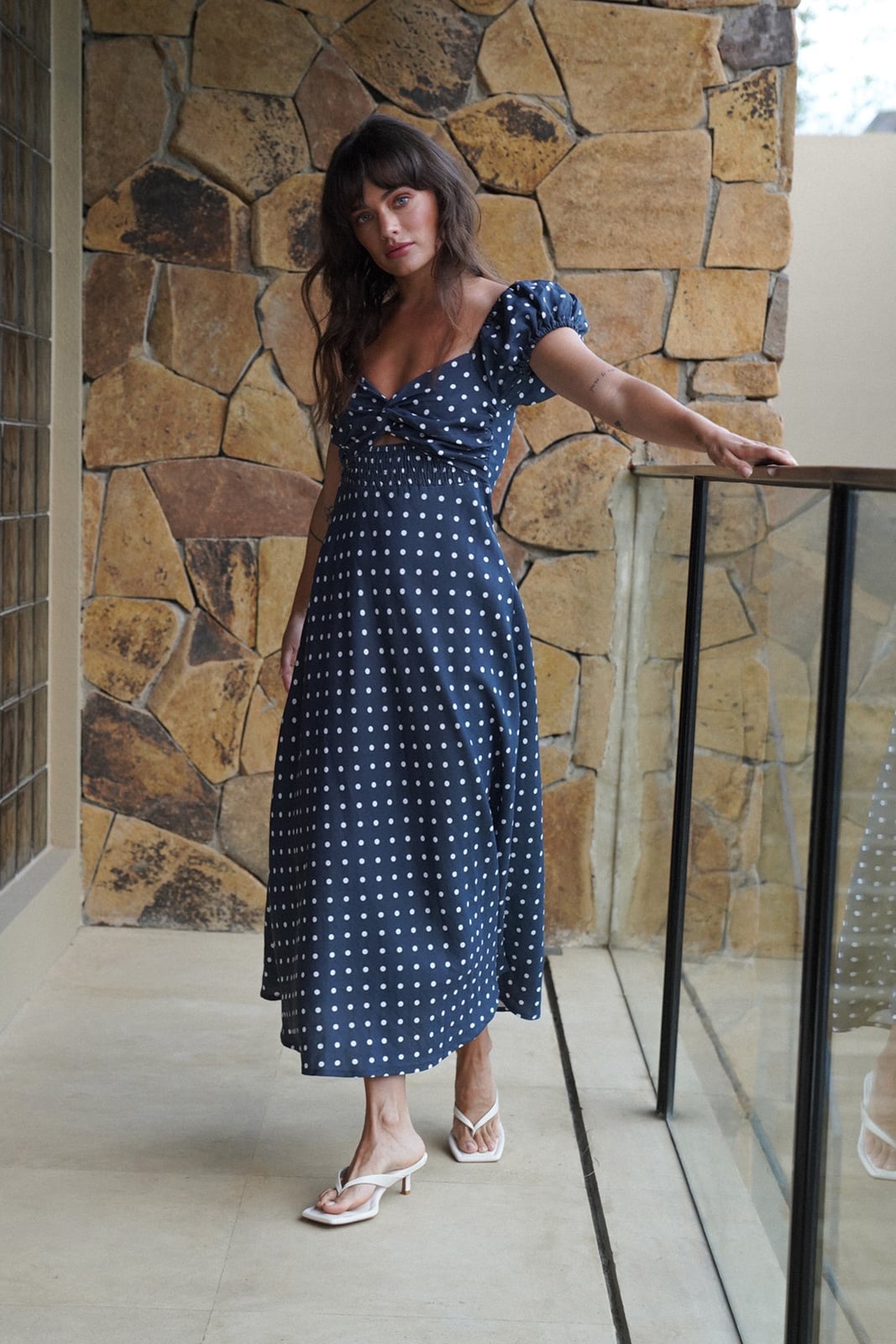Navy blue midi dress with cut-out waist detail Navy blue midi dress with cut-out waist detail — Polka Dot Dresses
