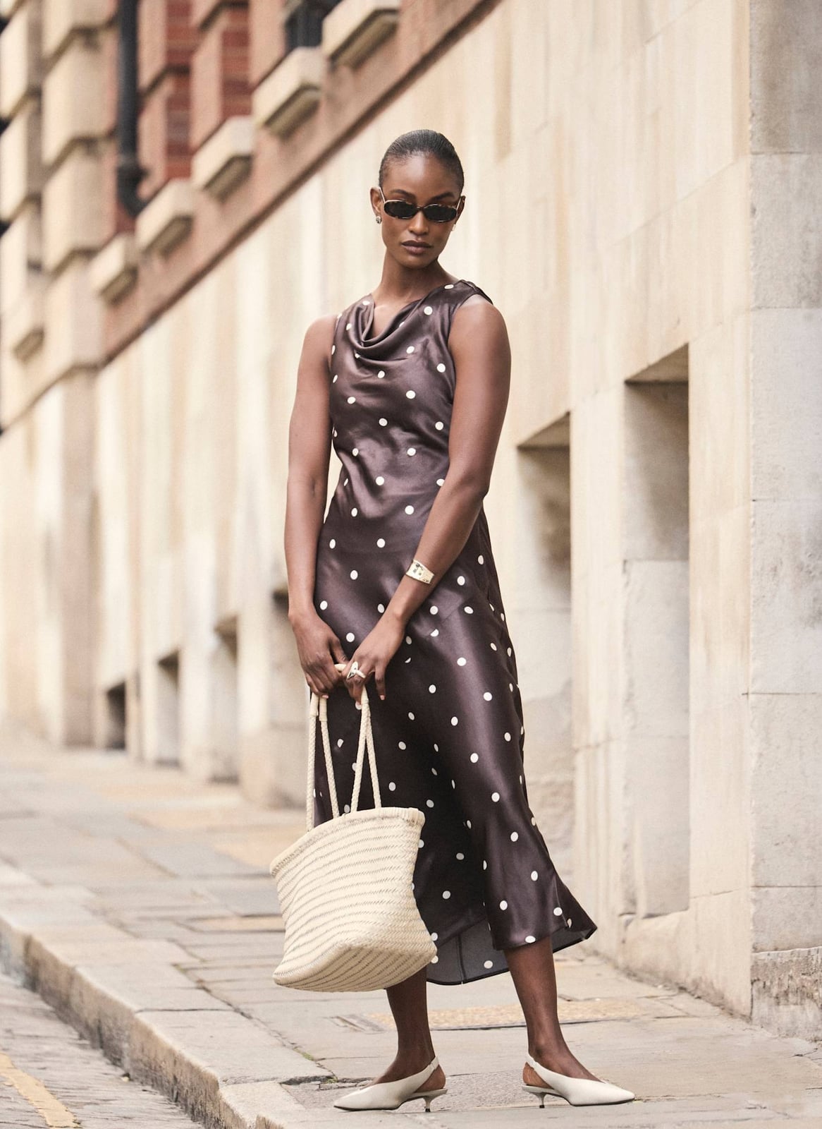 Brown satin polka dot midi dress with cowl neckline Brown satin polka dot midi dress with cowl neckline — Polka Dot Dresses