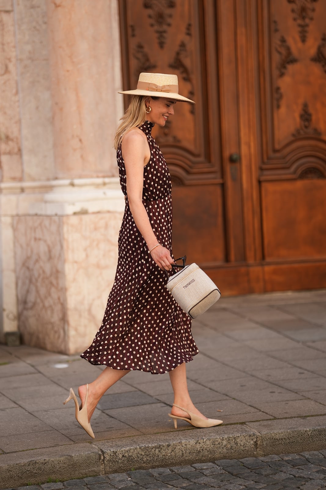 Brown polka dot midi dress with pleated skirt Brown polka dot midi dress with pleated skirt — Polka Dot Dresses