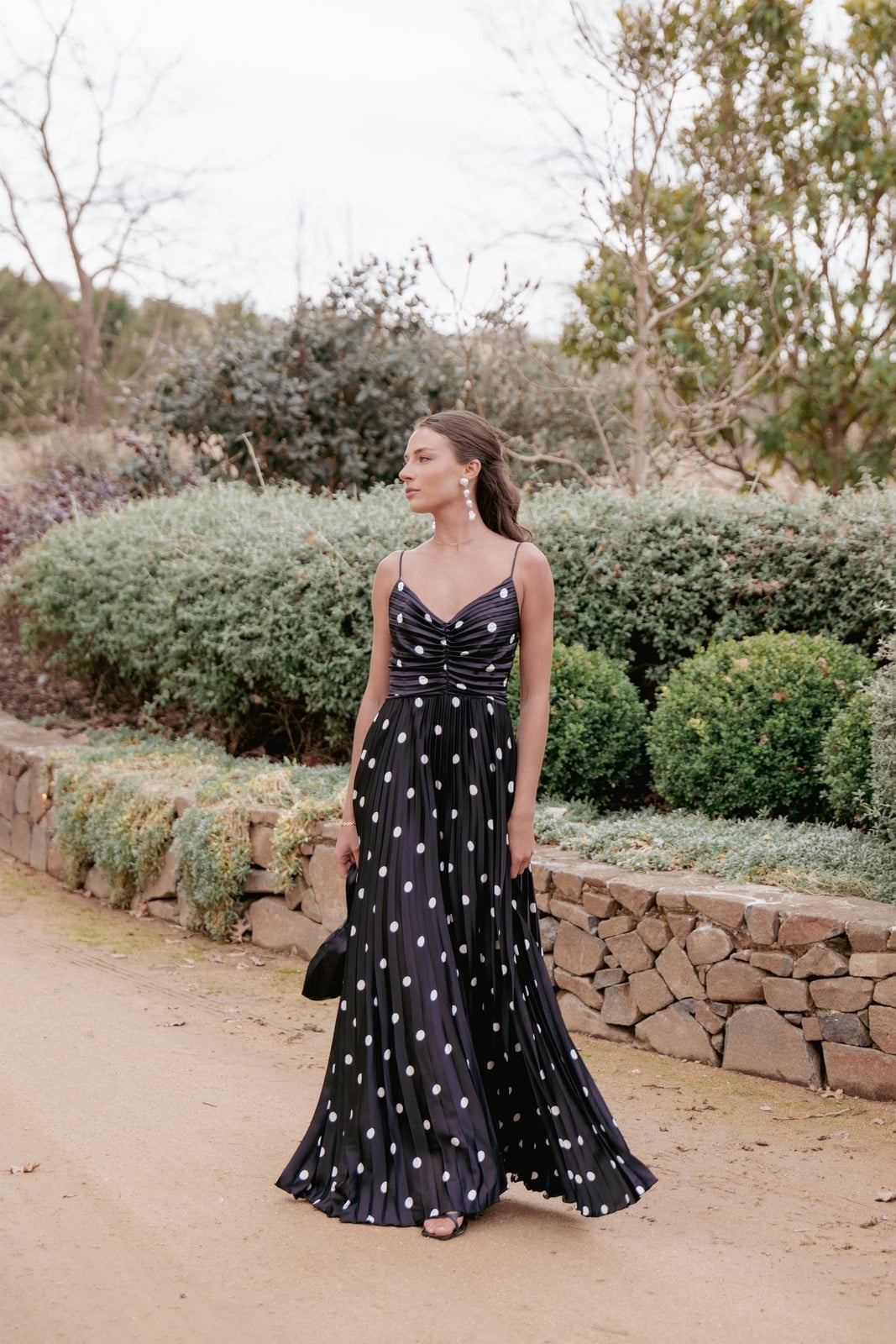 Navy pleated polka dot maxi dress with A-line silhouette Navy pleated polka dot maxi dress with A-line silhouette — Polka Dot Dresses