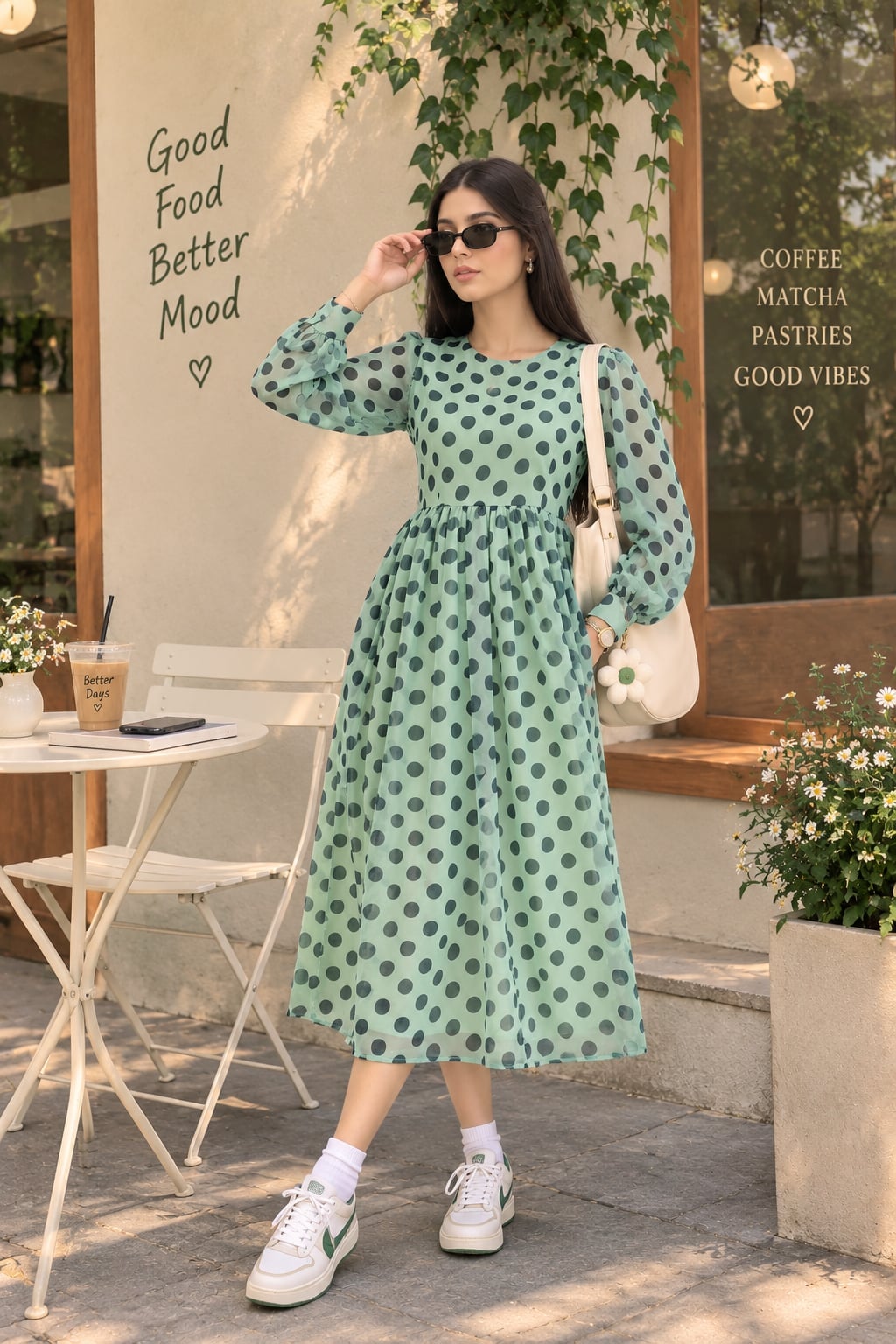 Mint green long sleeve midi dress with oversized polka dots Mint green long sleeve midi dress with oversized polka dots — Polka Dot Dresses