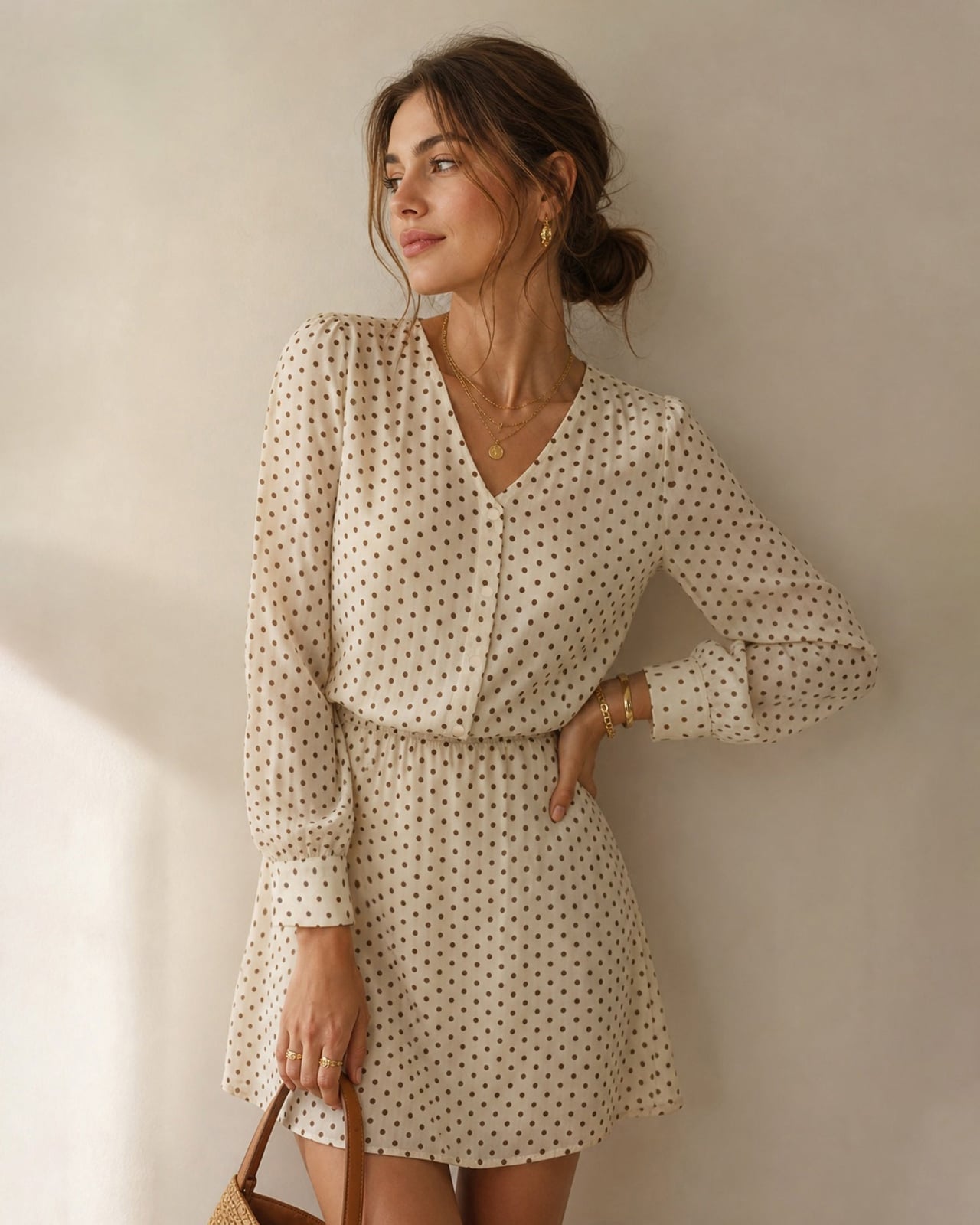 Cream long sleeve mini polka dot dress with elasticated waist Cream long sleeve mini polka dot dress with elasticated waist — Polka Dot Dresses