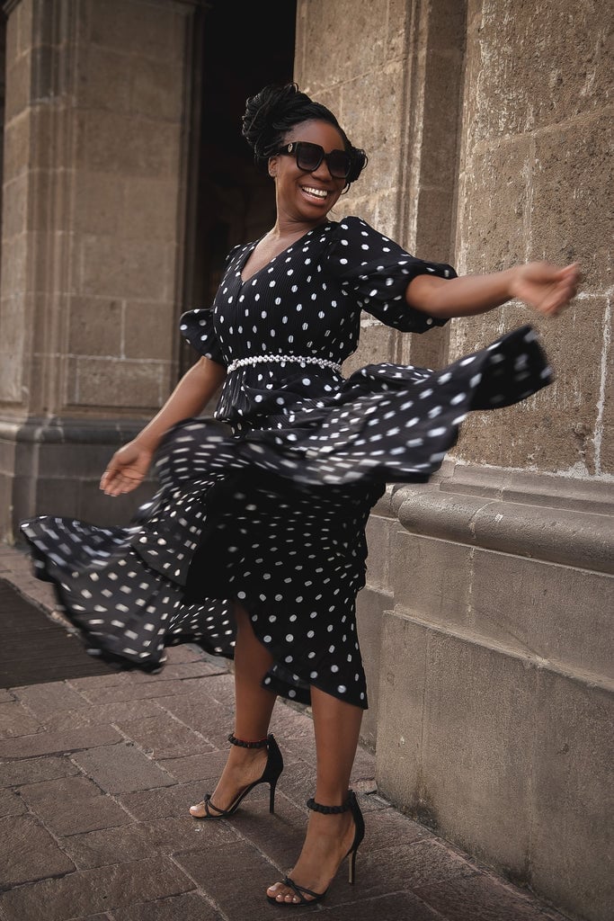 Black chiffon polka dot midi dress with fit and flare silhouette Black chiffon polka dot midi dress with fit and flare silhouette — Polka Dot Dresses