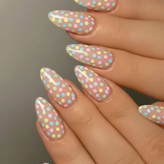 Sheer Medium Almond Nails with Pastel Dots Sheer Medium Almond Nails with Pastel Dots — Polka Dot Nails