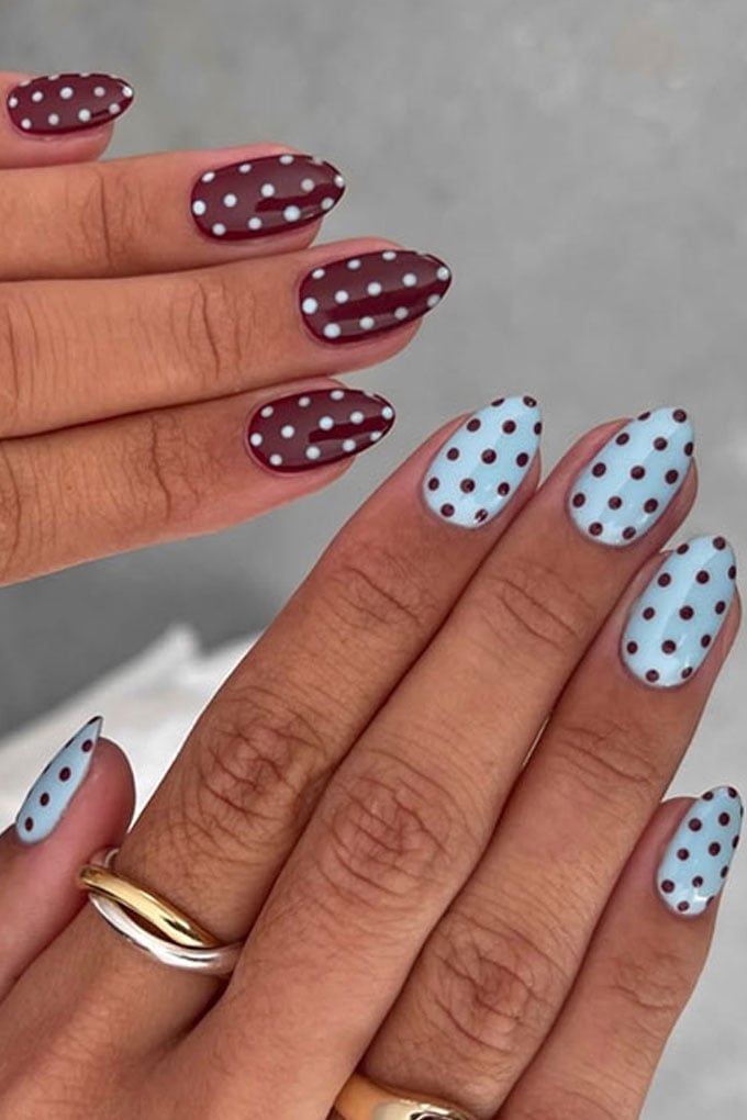 Maroon and Light Blue Almond Nails Maroon and Light Blue Almond Nails — Polka Dot Nails