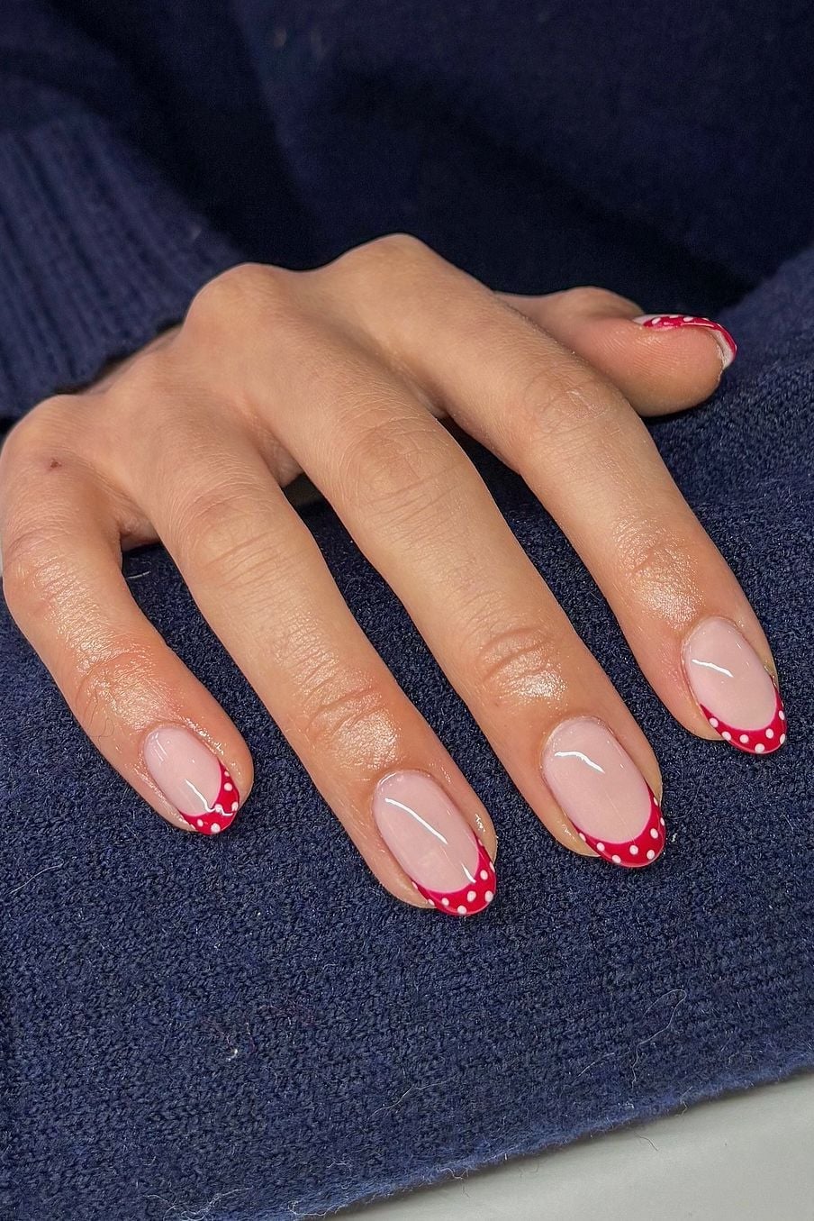 Clear Nude French Nails with Red Dots Clear Nude French Nails with Red Dots — Polka Dot Nails