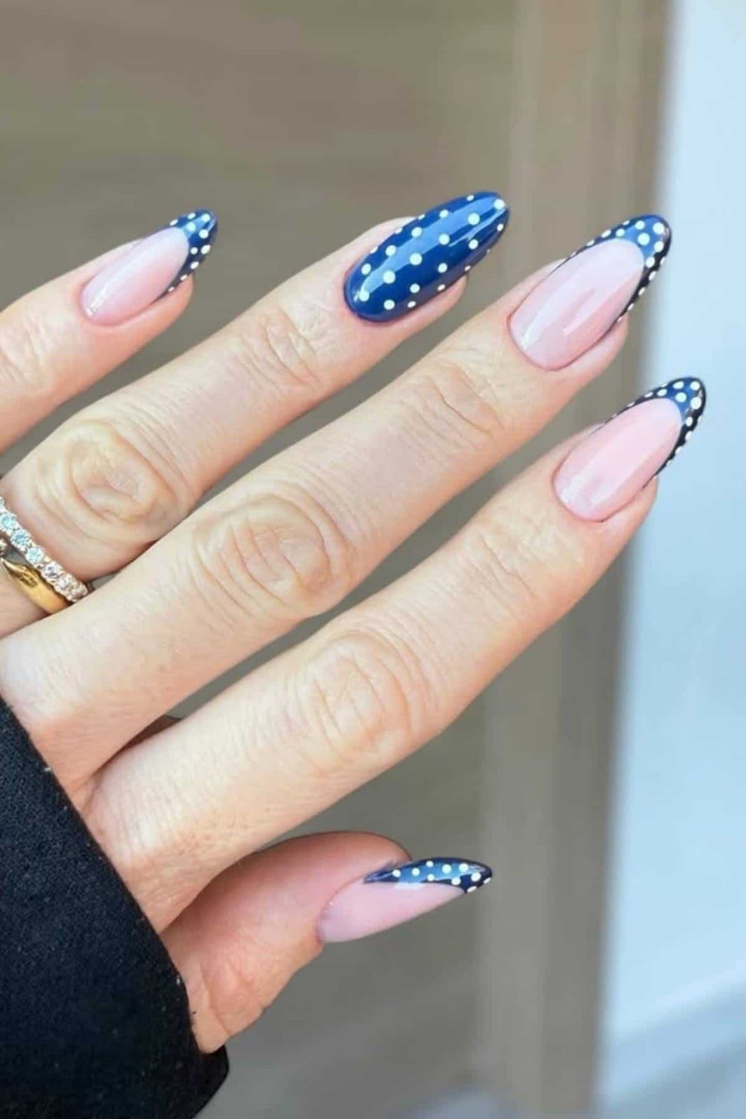 Deep Blue French Tip Medium Almond Nails Deep Blue French Tip Medium Almond Nails — Polka Dot Nails