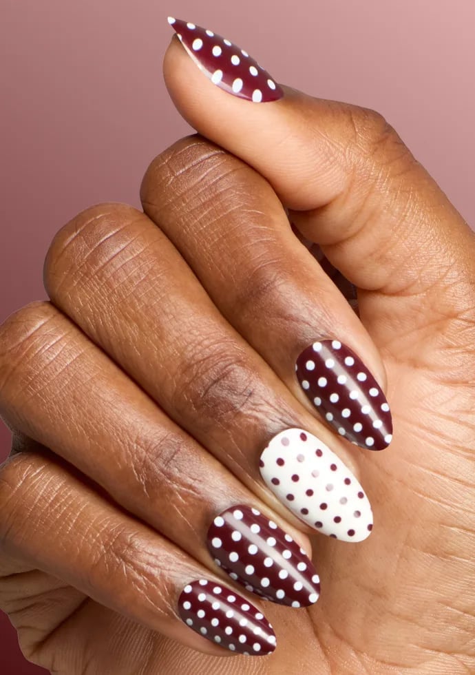 Burgundy Nails with White and Black Dots Burgundy Nails with White and Black Dots — Polka Dot Nails