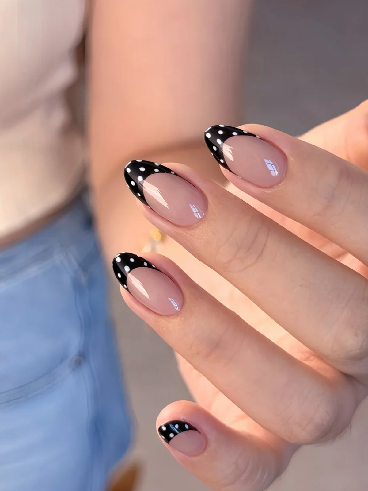 Monochrome Black French Tip Almond Nails Monochrome Black French Tip Almond Nails — Polka Dot Nails