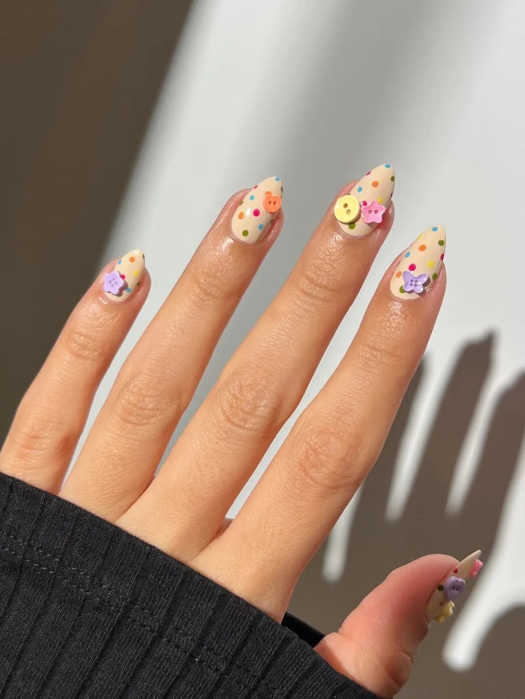 Pastel Polka Dot Almond Nails with Charms Pastel Polka Dot Almond Nails with Charms — Polka Dot Nails
