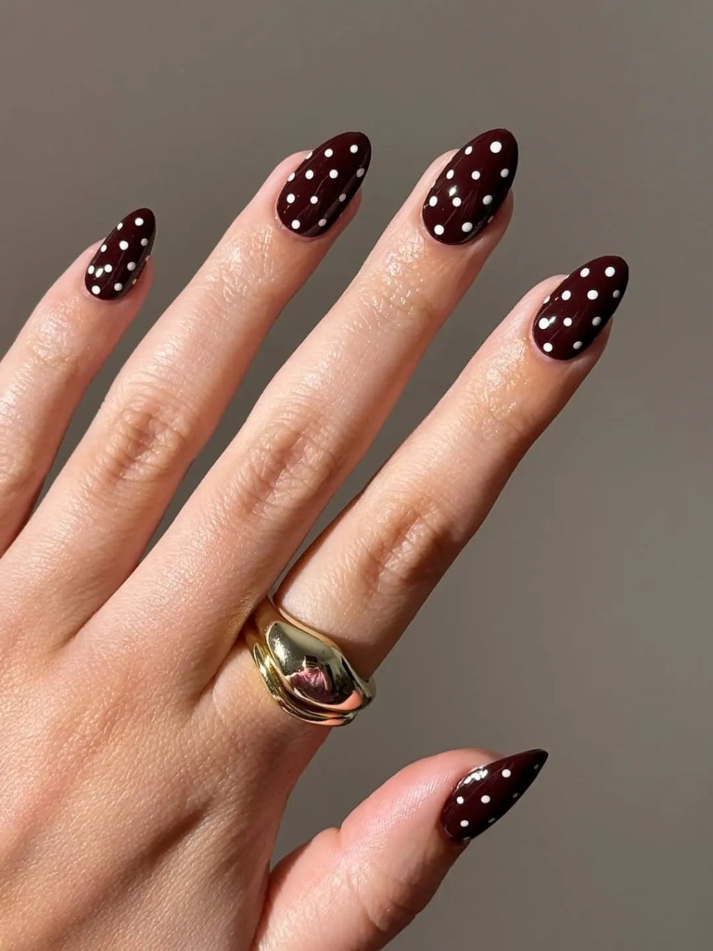 Deep Brown Medium Almond Nails with White Dots Deep Brown Medium Almond Nails with White Dots — Polka Dot Nails