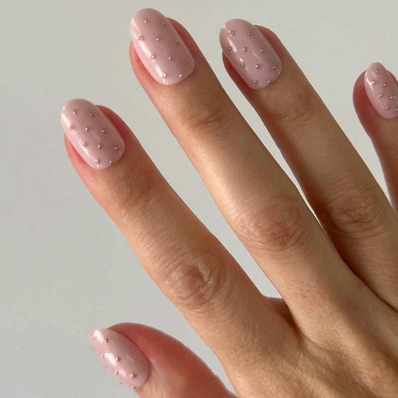 Short Oval Pale Pink Nails with Rose Gold Dots Short Oval Pale Pink Nails with Rose Gold Dots — Polka Dot Nails