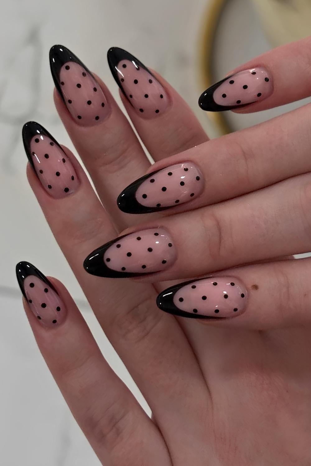 Sheer Pink Nails with Black French Tip and Dots, Close-Up Take Sheer Pink Nails with Black French Tip and Dots, Close-Up Take — Polka Dot Nails