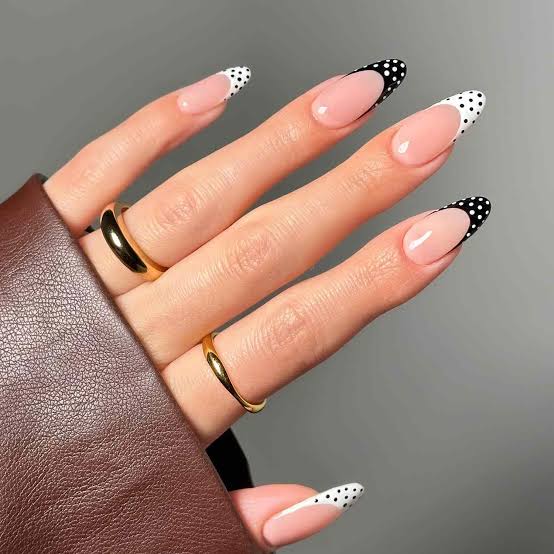 Long Almond Contrasting French Tips with Dots Long Almond Contrasting French Tips with Dots — Polka Dot Nails