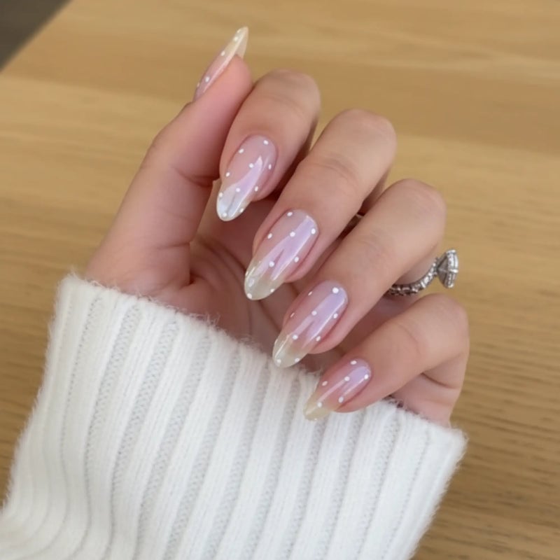 Long Almond Chrome Nails with White Dots, Sheer Iridescent Base Long Almond Chrome Nails with White Dots, Sheer Iridescent Base — Polka Dot Nails