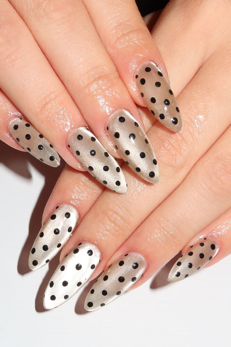 Long Sharp Almond Sheer Shimmer Nails with Black Dots Long Sharp Almond Sheer Shimmer Nails with Black Dots — Polka Dot Nails