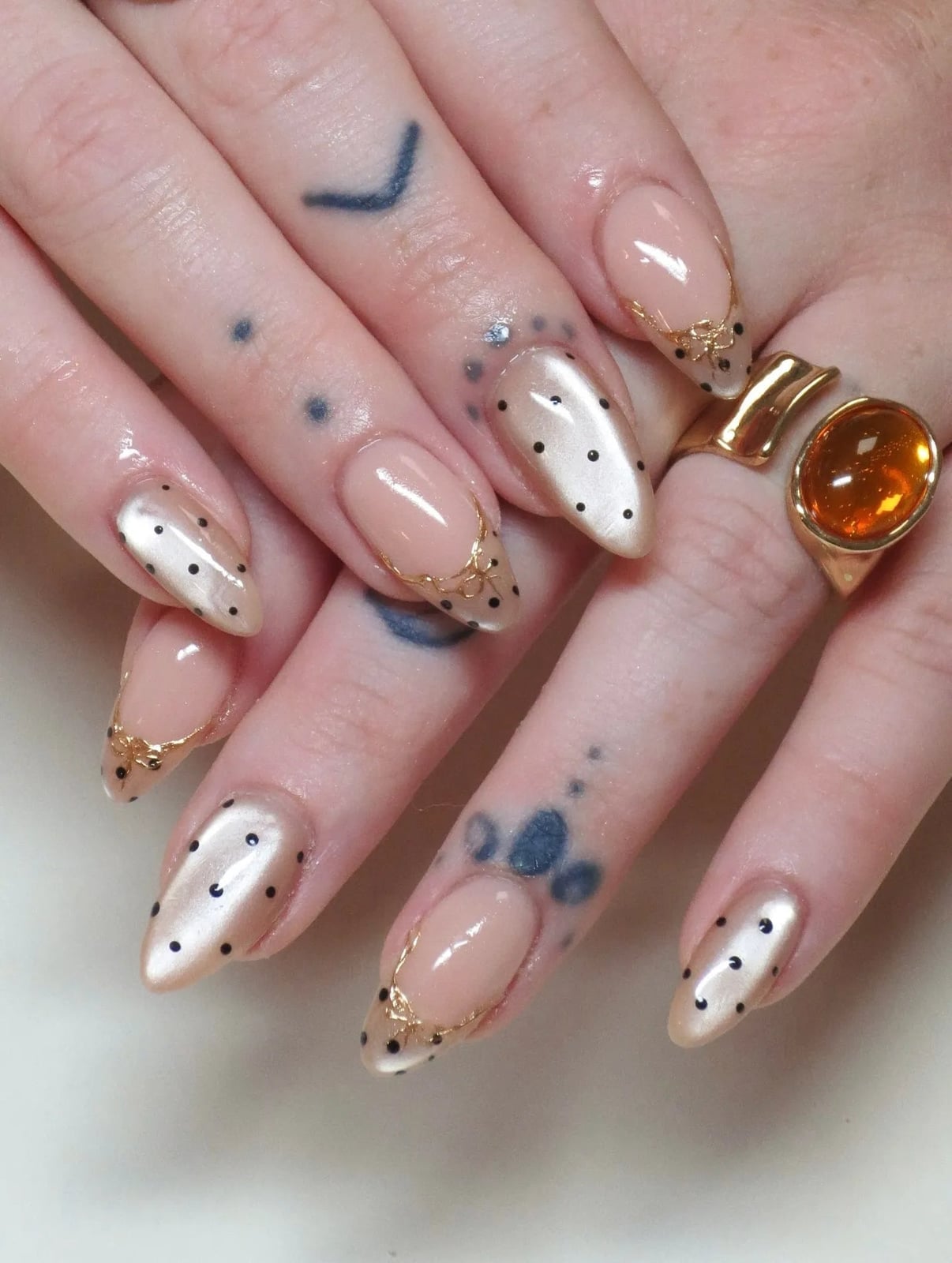 Long Stiletto Nude Nails with Gold Filigree and Dots Long Stiletto Nude Nails with Gold Filigree and Dots — Polka Dot Nails