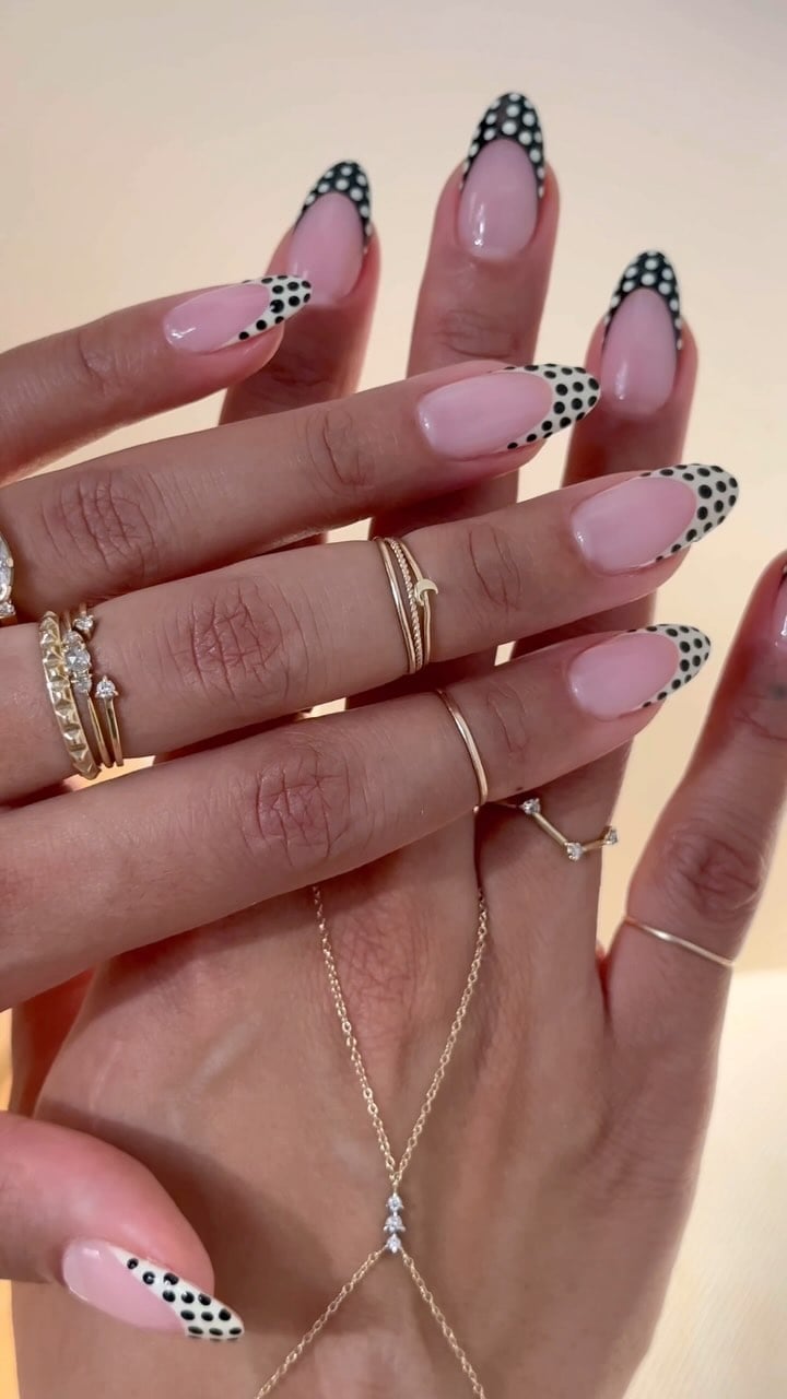 Sheer Pink French Nails with Black Dots Sheer Pink French Nails with Black Dots — Polka Dot Nails