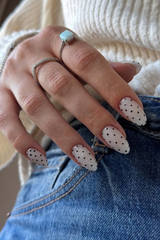 Long Almond White Nails with Black Dots, Close-Up Take Long Almond White Nails with Black Dots, Close-Up Take — Polka Dot Nails