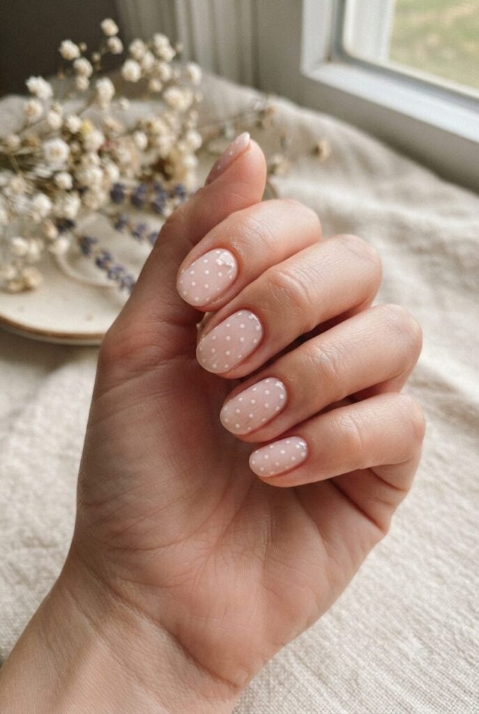 Short Oval Milky Pink Nails with White Dots Short Oval Milky Pink Nails with White Dots — Polka Dot Nails