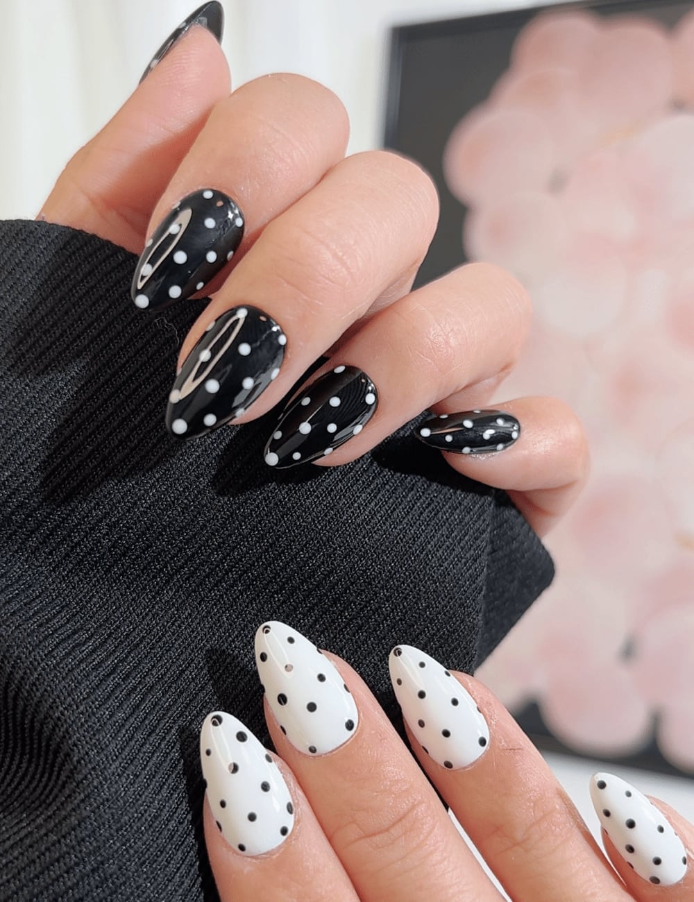 Black and White Contrast Medium Almond Nails Black and White Contrast Medium Almond Nails — Polka Dot Nails
