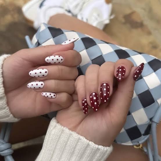 Deep Burgundy Oval Nails with White Dots Deep Burgundy Oval Nails with White Dots — Polka Dot Nails