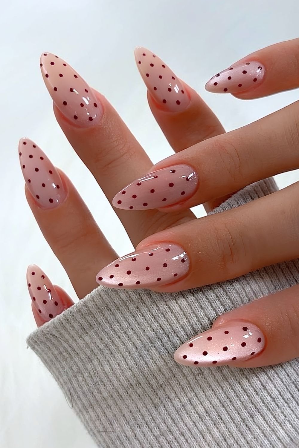Long Stiletto Nude Nails with Burgundy Dots Long Stiletto Nude Nails with Burgundy Dots — Polka Dot Nails