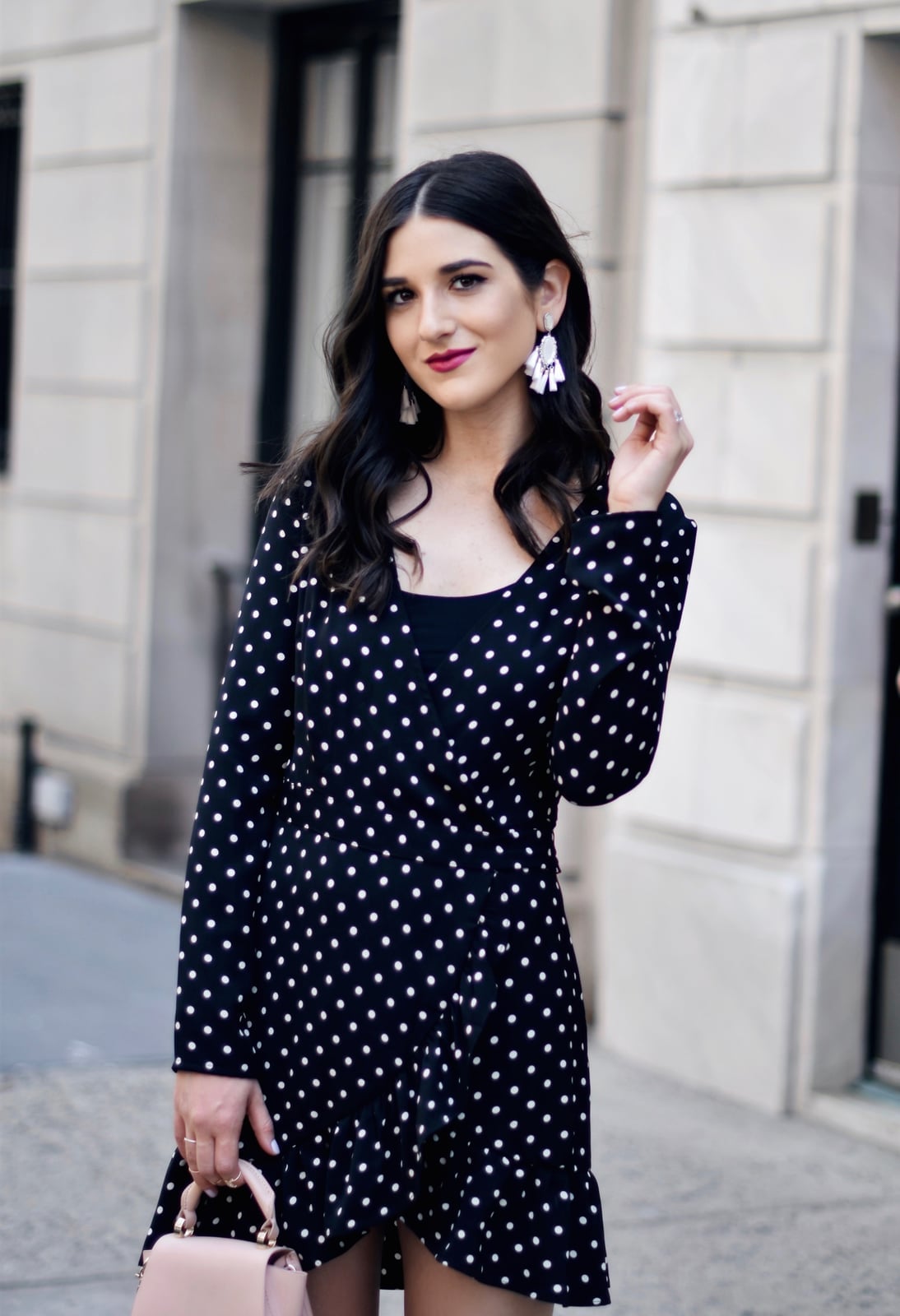 Casual Black Polka Dot Wrap Dress with Tassel Earrings Casual Black Polka Dot Wrap Dress with Tassel Earrings — Polka Dot Outfits