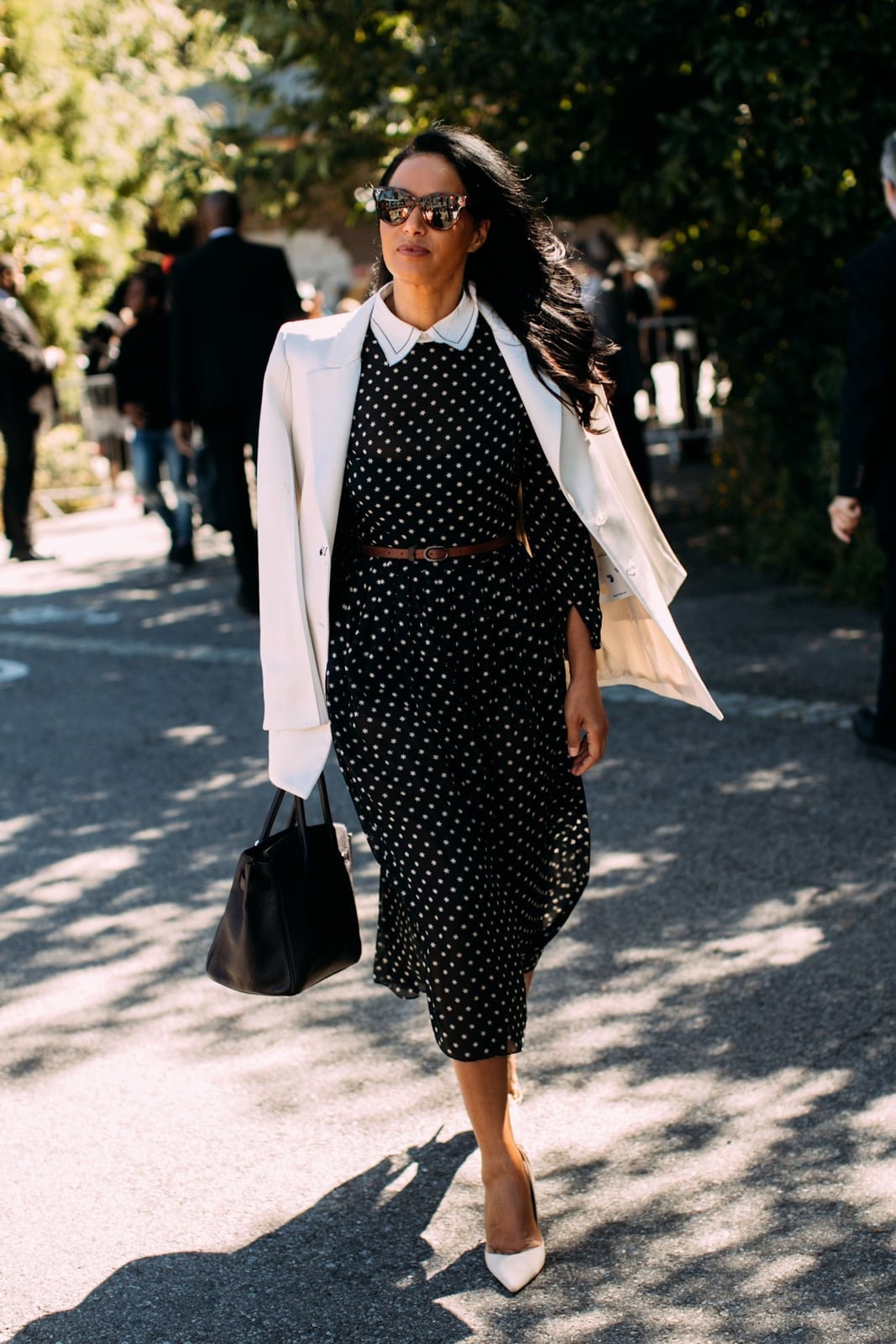 Polka Dot Midi Dress Under a White Blazer Polka Dot Midi Dress Under a White Blazer — Polka Dot Outfits