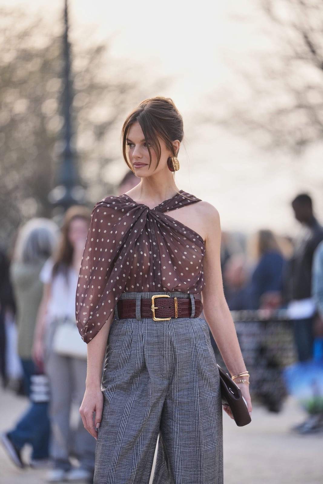 Asymmetrical Polka Dot Blouse with Plaid Trousers Asymmetrical Polka Dot Blouse with Plaid Trousers — Polka Dot Outfits