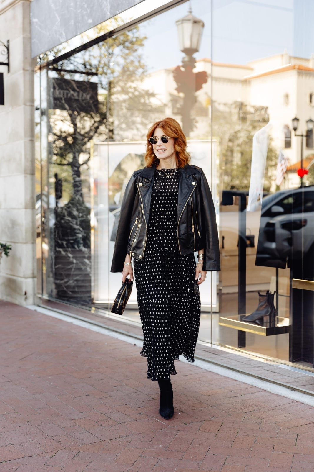 Polka Dot Midi Dress with Leather Jacket Polka Dot Midi Dress with Leather Jacket — Polka Dot Outfits