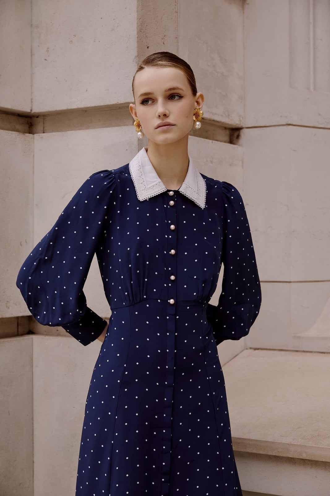 Navy Polka Dot Dress with Lace Collar Navy Polka Dot Dress with Lace Collar — Polka Dot Outfits