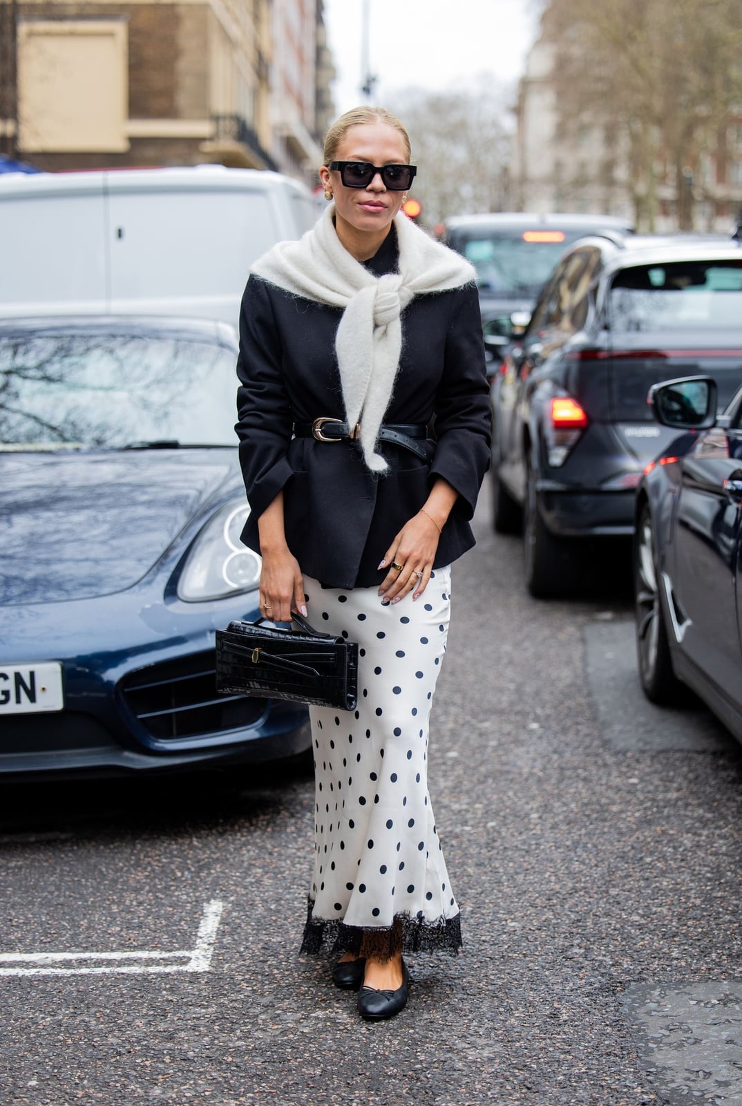 Cream and Black Polka Dot Maxi Skirt With Blazer, Straight Leg Cream and Black Polka Dot Maxi Skirt With Blazer, Straight Leg — Polka Dot Skirt Outfit