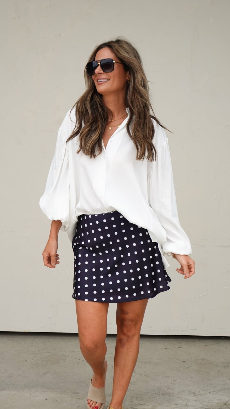 Navy Polka Dot Mini Skirt With Oversized Shirt, Nude Heeled Sandals Navy Polka Dot Mini Skirt With Oversized Shirt, Nude Heeled Sandals — Polka Dot Skirt Outfit