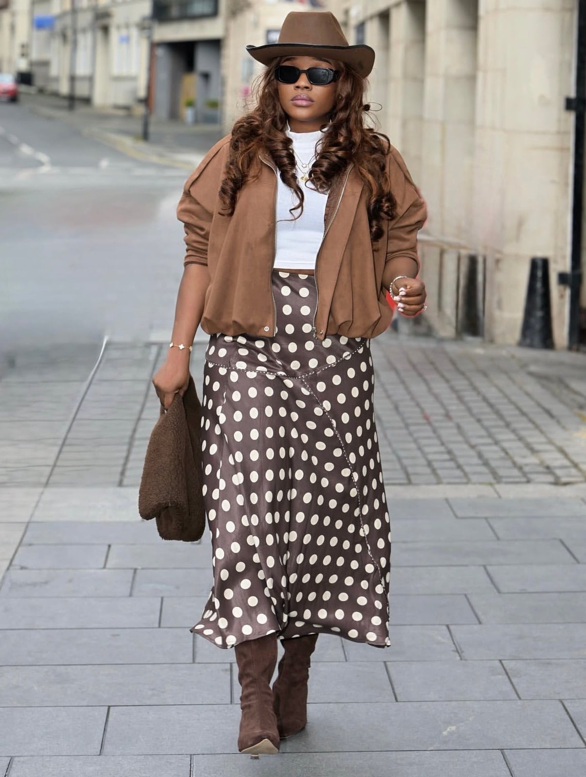 Brown Polka Dot Midi Skirt With Bomber Jacket, Suede Boots Brown Polka Dot Midi Skirt With Bomber Jacket, Suede Boots — Polka Dot Skirt Outfit