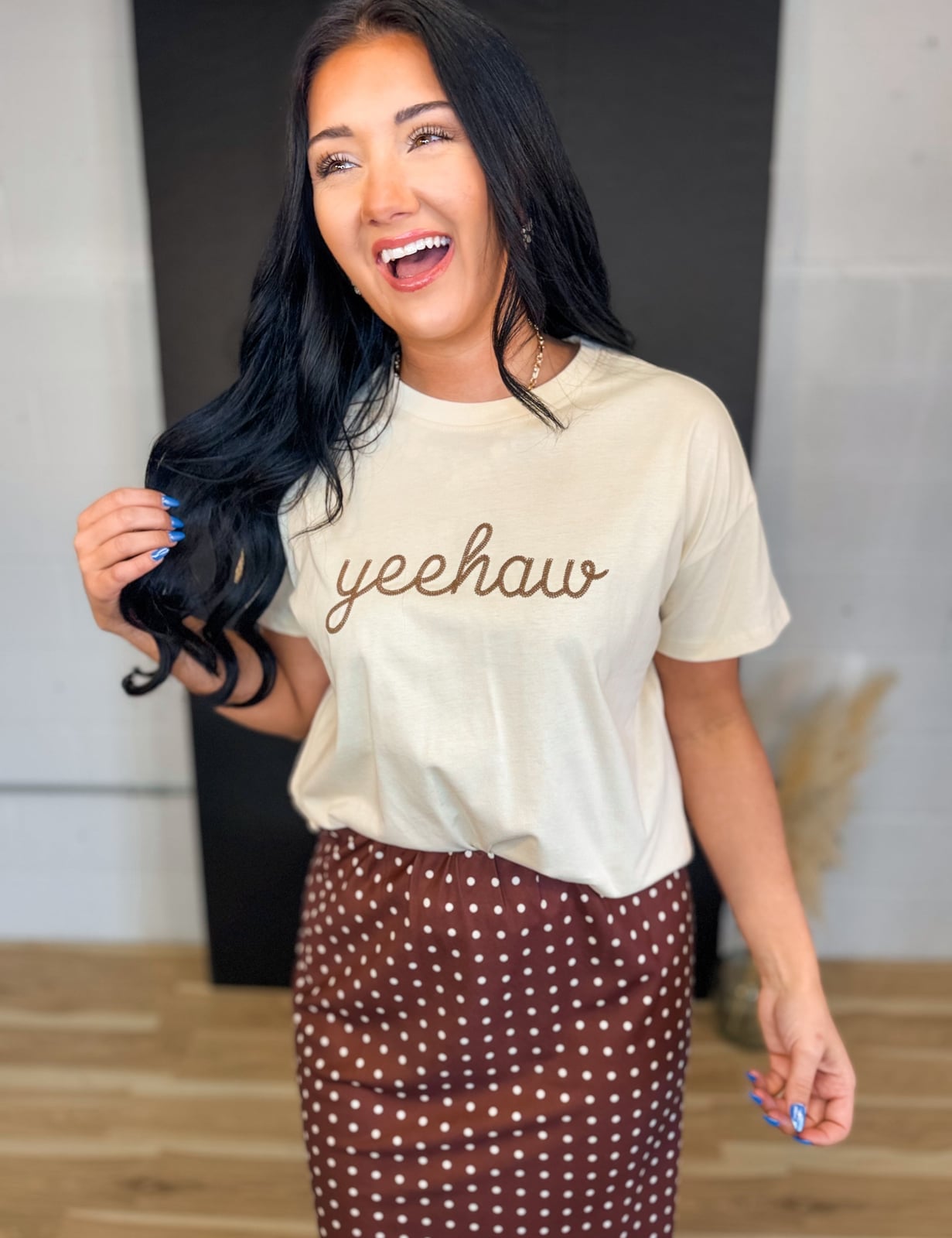 Brown Polka Dot Midi Skirt With Graphic T-shirt Brown Polka Dot Midi Skirt With Graphic T-shirt — Polka Dot Skirt Outfit