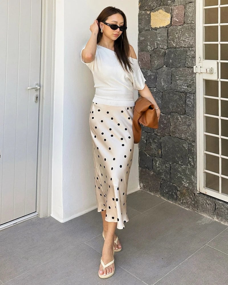 Cream Polka Dot Midi Skirt With Off-Shoulder Top Cream Polka Dot Midi Skirt With Off-Shoulder Top — Polka Dot Skirt Outfit