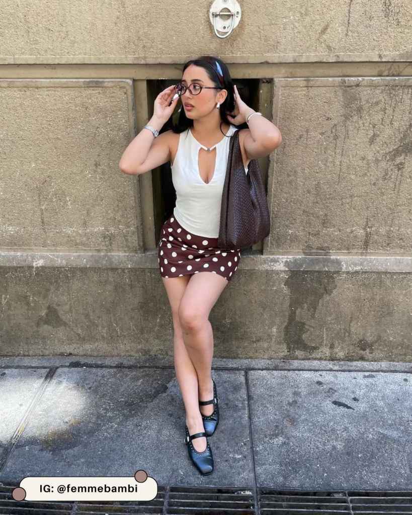 Brown Polka Dot Mini Skirt With Sleeveless Top Brown Polka Dot Mini Skirt With Sleeveless Top — Polka Dot Skirt Outfit