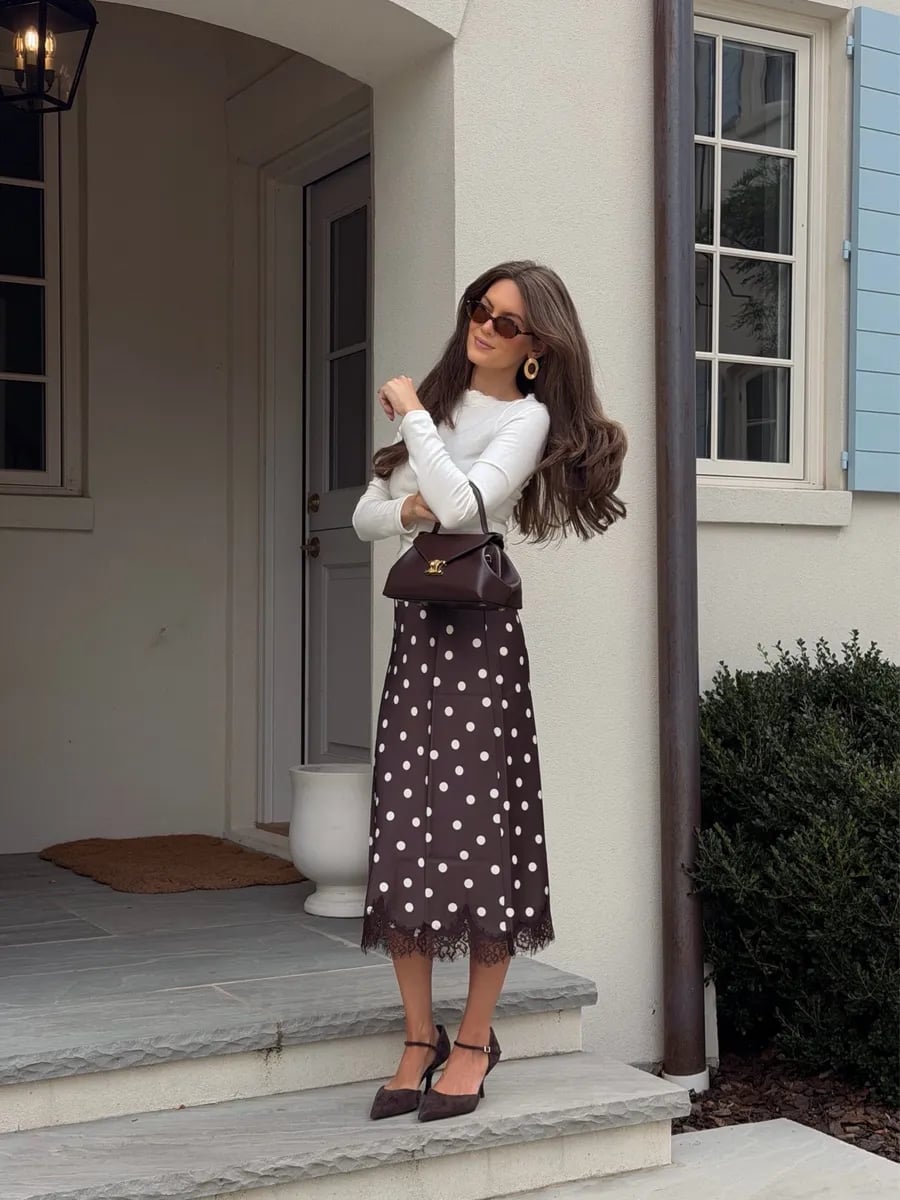 Brown Polka Dot Midi Skirt With Lace Trim, Dark Pointed-Toe Heels Brown Polka Dot Midi Skirt With Lace Trim, Dark Pointed-Toe Heels — Polka Dot Skirt Outfit