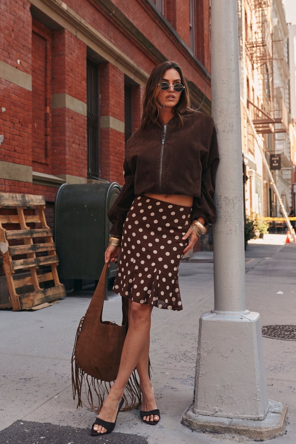 Brown Polka Dot Midi Skirt With Suede Bomber, Office-Safe Version Brown Polka Dot Midi Skirt With Suede Bomber, Office-Safe Version — Polka Dot Skirt Outfit