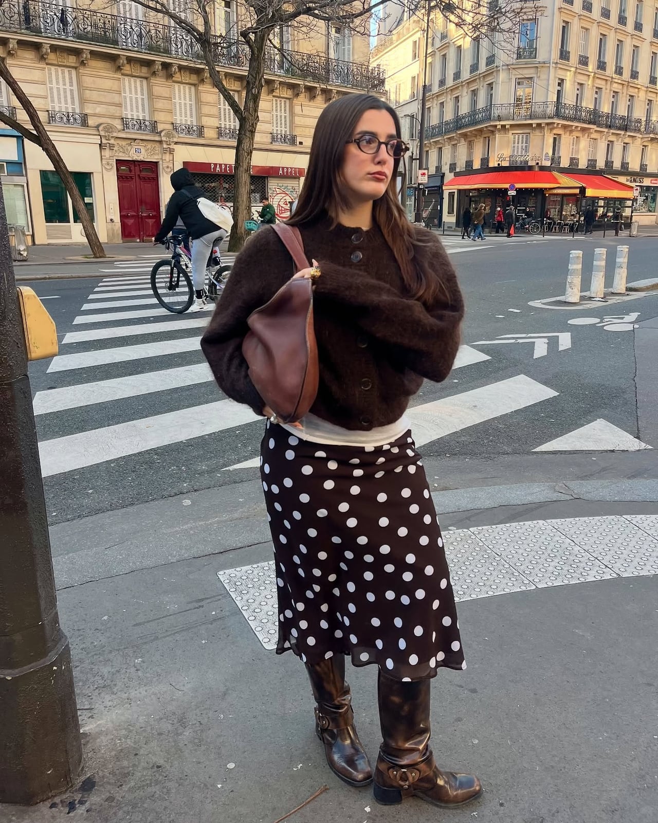 Brown Polka Dot Midi Skirt With Fuzzy Cardigan, Everyday Version Brown Polka Dot Midi Skirt With Fuzzy Cardigan, Everyday Version — Polka Dot Skirt Outfit