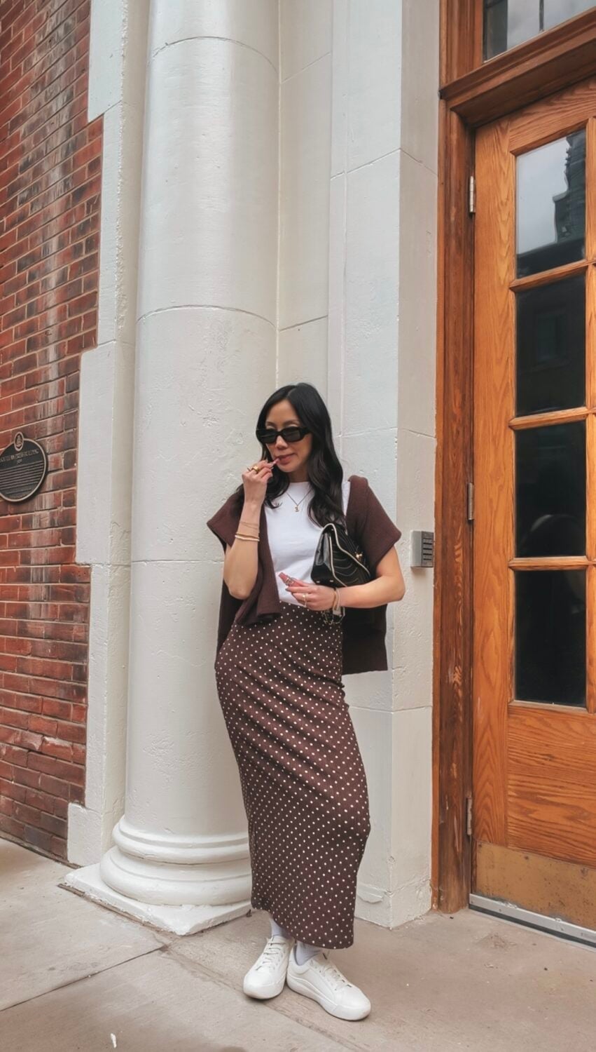 Brown Polka Dot Midi Skirt With Knit Cardigan, Straight, Close-Up Take Brown Polka Dot Midi Skirt With Knit Cardigan, Straight, Close-Up Take — Polka Dot Skirt Outfit