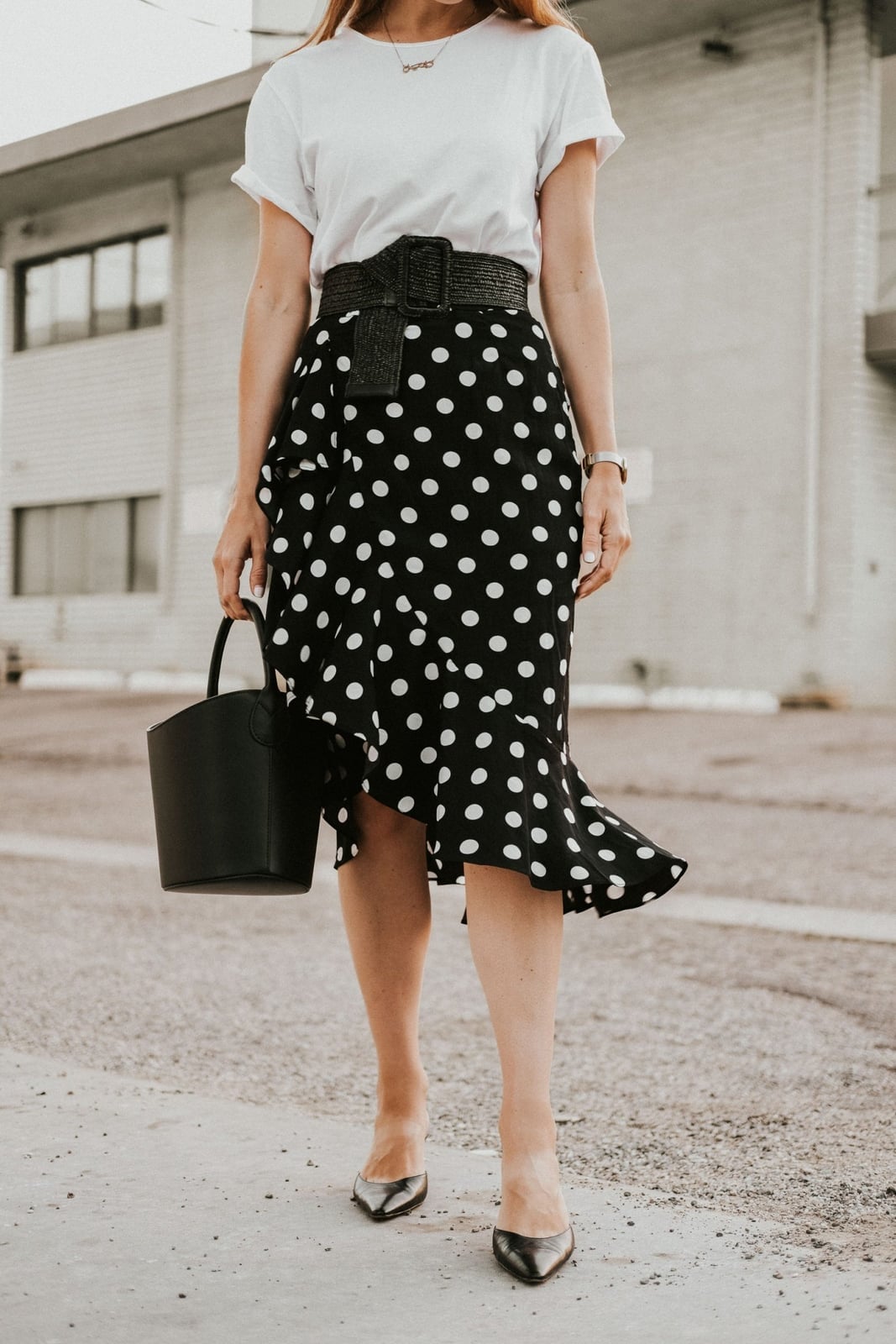 Black Polka Dot Midi Skirt With Ruffled Hem, Silver Pointed-Toe Flats Black Polka Dot Midi Skirt With Ruffled Hem, Silver Pointed-Toe Flats — Polka Dot Skirt Outfit