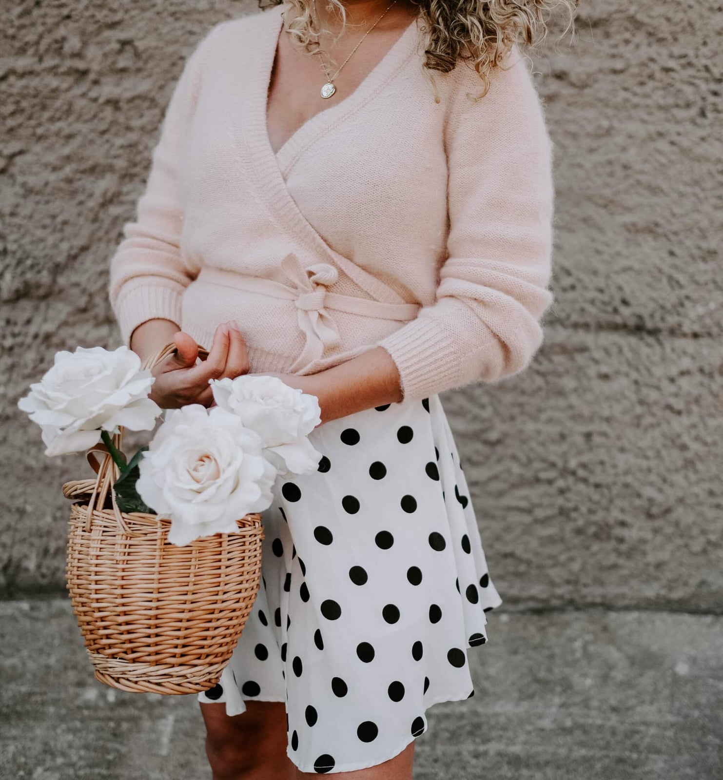 White Polka Dot Mini Skirt With Pink Cardigan White Polka Dot Mini Skirt With Pink Cardigan — Polka Dot Skirt Outfit