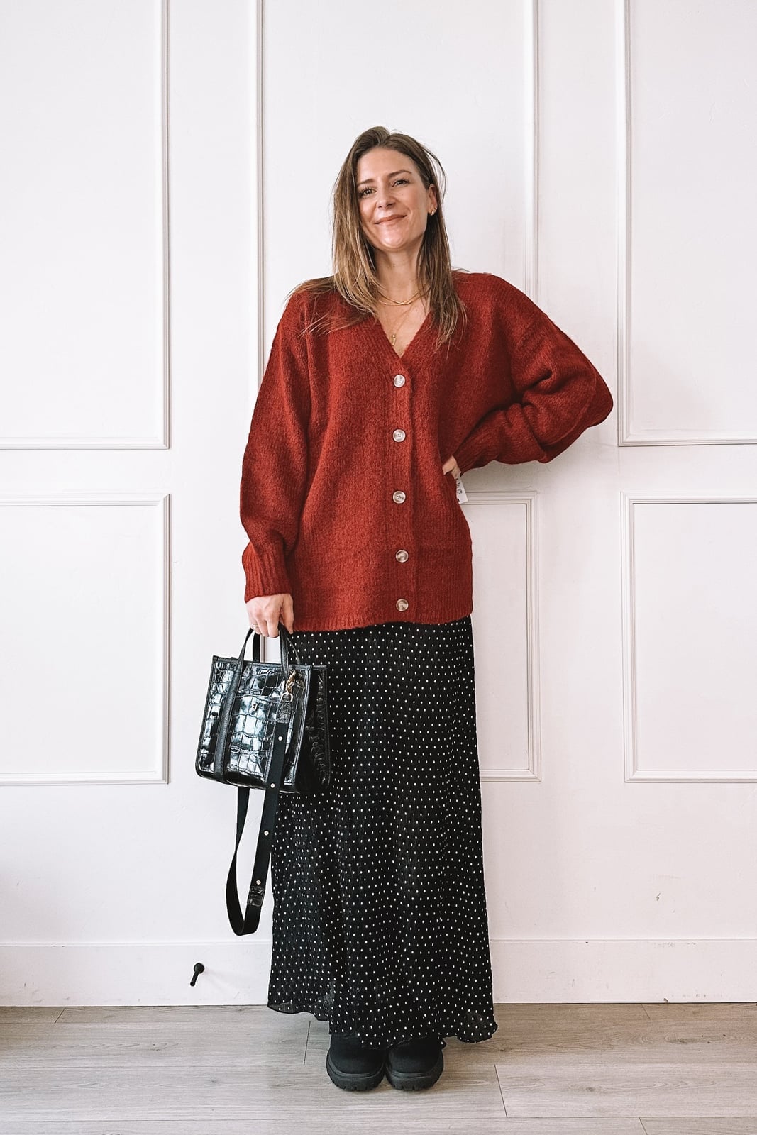 Black Polka Dot Maxi Skirt With Red Cardigan Black Polka Dot Maxi Skirt With Red Cardigan — Polka Dot Skirt Outfit
